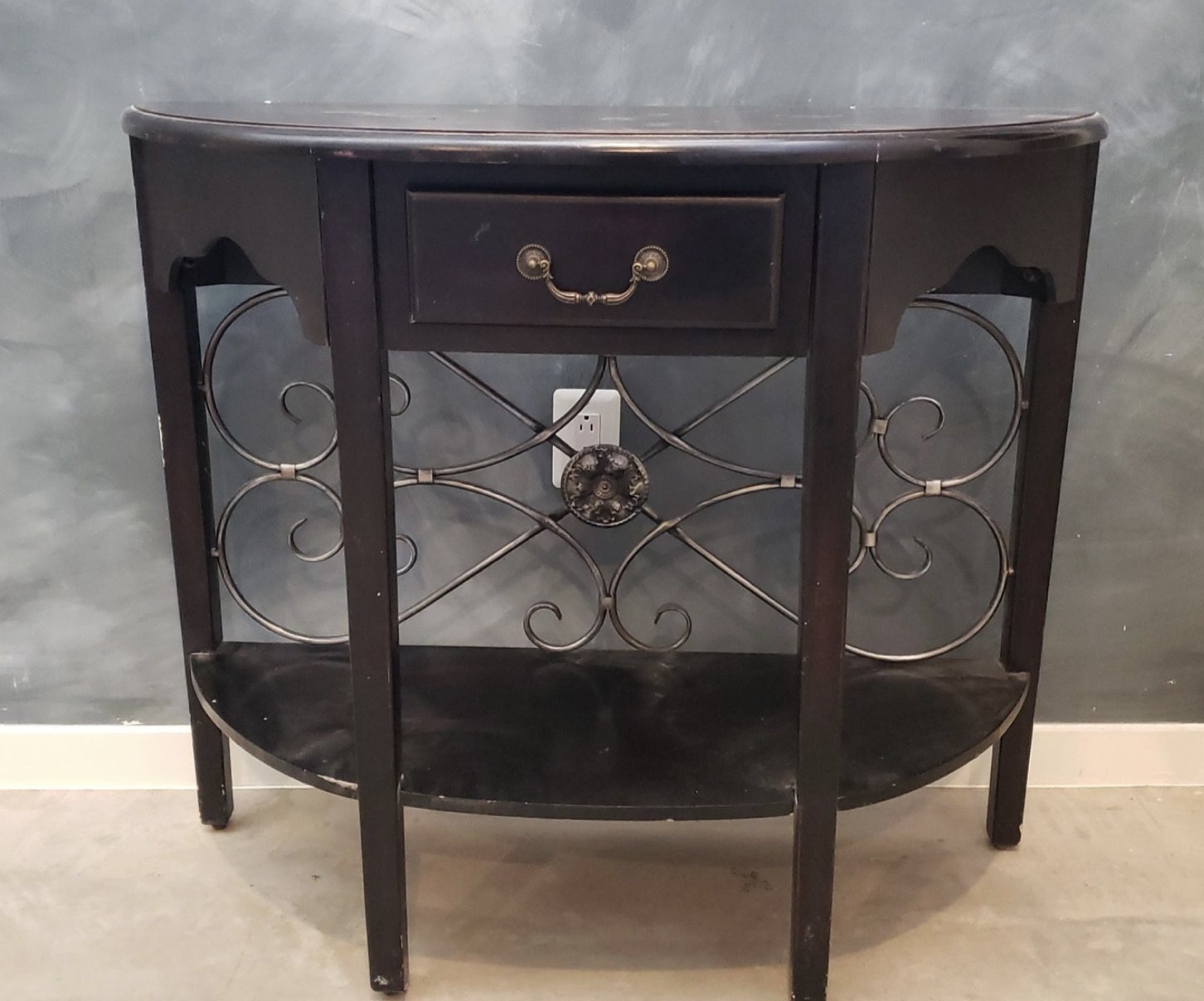 White distressed console after refinishing