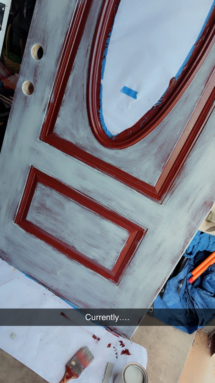 Custom red and white furniture finish in progress